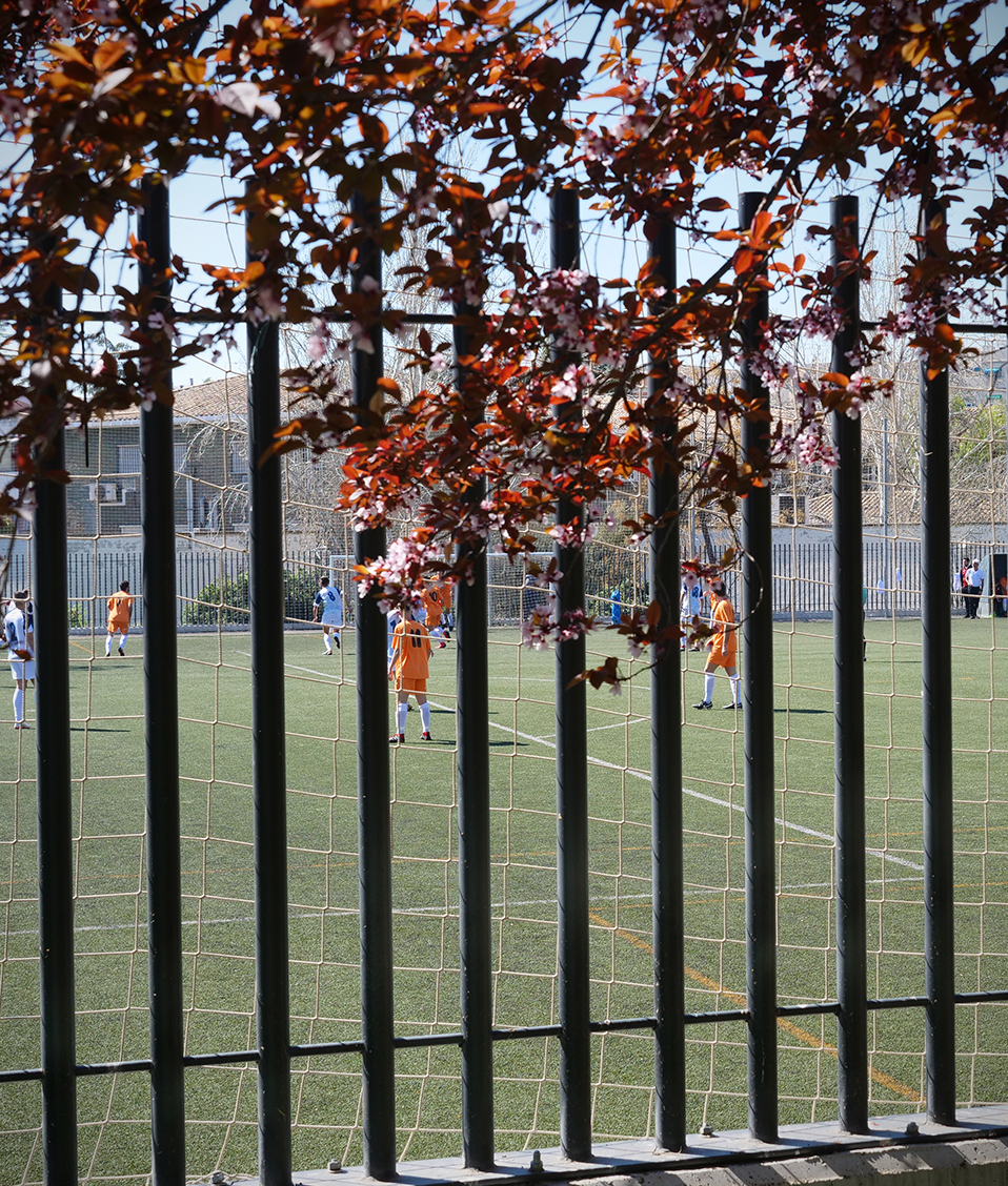 Imagen de un entrenamiento de fútbol con un equipo de naranja y el otro de blanco en el campo de fútbol del Campus de Fuente Nueva